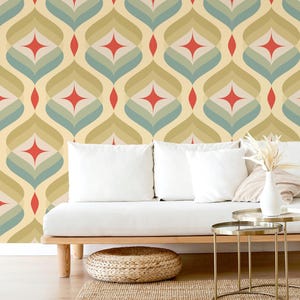 Mid Century Modern Maximalist Wallpaper / Retro Teardrop Diamond Starburst Geometric / Orange, Teal Blue, Green /  Peel Stick Removable