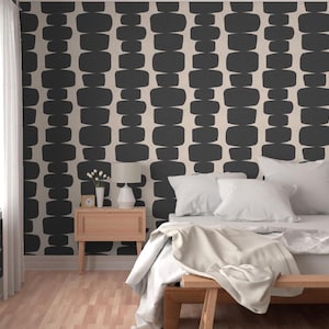 Carta da parati moderna Mid Century Textured Retro Rounded Rectangles, Nero e Bianco sporco, Peel and Stick Mid Mod, Stile Vintage, Bold Retro