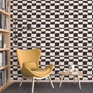 Gewellte Retro karierte Tapete in Schwarz und Elfenbein, Ablösbare Tapete, Abziehbare Tapete, Temporäre Wandabdeckung