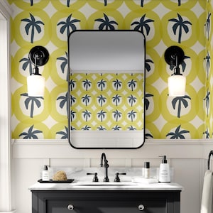 Carta da parati con palme, cerchi geometrici / Retro tropicale, stile moderno di metà secolo / Bicolore / Verde chartreuse e blu navy / Rimovibile staccando e attaccando