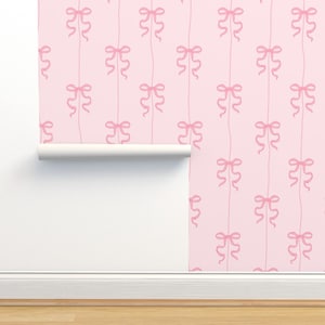 Pink on pink coquette bows on vertical ribbon strings, Grandmillenial, Peel Stick Removable Wallpaper, Kids Wallpaper, girl bedroom decor