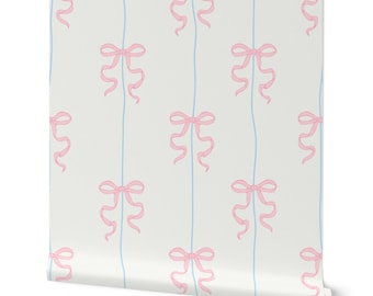 Pink Bows Removable Wallpaper, Blue Ribbon Strings, Kids Decor