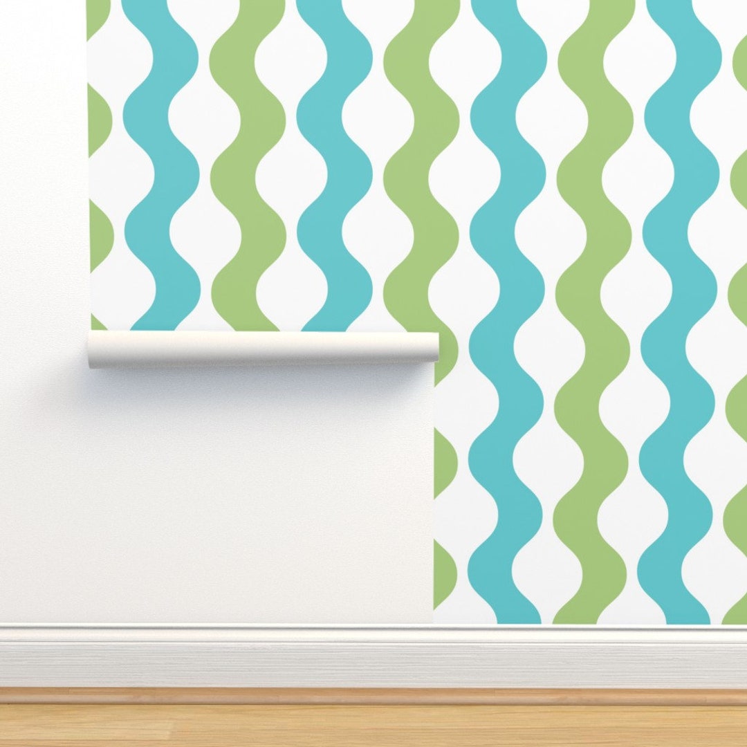 Teal and Green Wavy Stripe Peel and Stick Wallpaper, Mid Century Modern ...