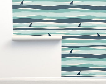 Hand Drawn Shark Fins in Ribbons of Waves, Kids Wallpaper, Navy Blue, Teal, Peel Stick Removable Wallpaper, Prepasted Wallpaper