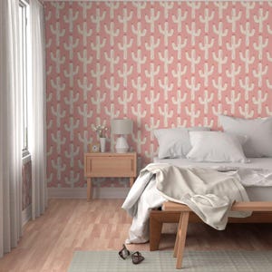 Carta da parati sud-occidentale con cactus fioriti nel deserto, disegnata a mano, carta da parati rimovibile Peel Stick, camera da letto per ragazze in stile western, sfondo rosa