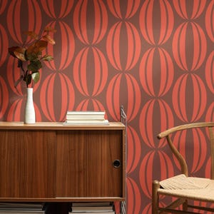 Carta da parati retrò - Occhio ovale geometrico Mid Modern - Arancione e marrone - Carta da parati rimovibile Peel Stick, Mid Century Modern