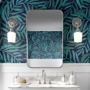 Hand Drawn Tropical Leaf Wallpaper, Navy and Green, Peel and Stick