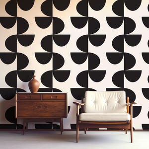 Carta da parati moderna Mid Century Retro geometrica semicerchi, nero su bianco sporco, carta da parati Mid Mod stacca e attacca, vintage, grande scala
