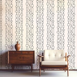Papier peint moderne, formes géométriques du milieu du siècle, rayures noires sur fond blanc cassé, thème rétro vintage, amovible au bâton