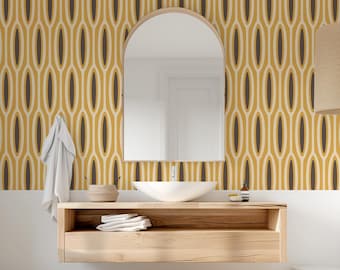 Papel pintado geométrico de rayas ovaladas entrelazadas de estilo Mid-Modern: amarillo mostaza y marrón (removible).