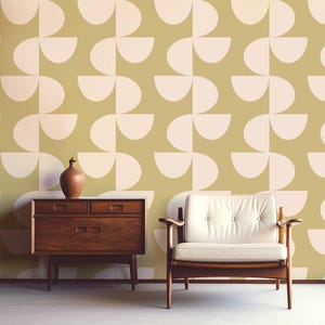 Carta da parati moderna Mid Century Retro geometrica semicircolare, verde muschio e bianco, carta da parati Mid Mod staccabile e attaccabile, vintage, su larga scala
