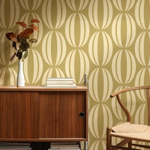 Carta da parati retrò - Occhio ovale geometrico Mid Modern - Bianco sporco su verde oliva - Carta da parati rimovibile Peel Stick, Mid Century Modern