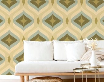 Retro Geometric Peel and Stick Wallpaper, Olive Green Teal