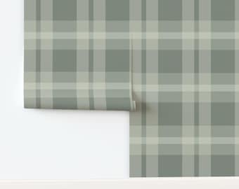 Earthy Green Plaid Removable Wallpaper, Cabincore Lodge Style