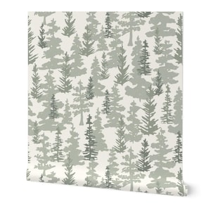 May include: A seamless pattern featuring a repeating design of green pine trees on a white background. The trees are stylised and have a watercolour effect.