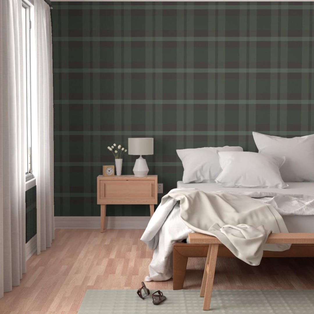 Dark Moody Cabinecore Rustic Lodge Plaid, Large Scale, Forest Green and ...