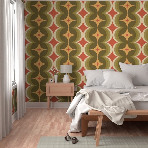 Retro 70s Diamond Wallpaper, Olive Green Orange Yellow, Peel and Stick