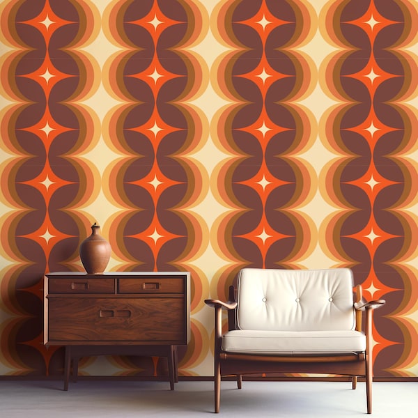 Retro 70s Diamond Wallpaper: Brown, Yellow, Orange - Removable