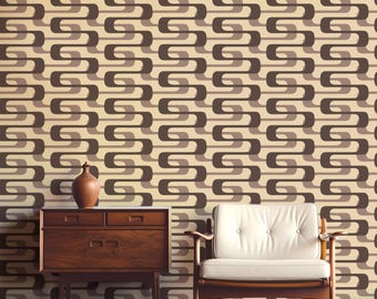 Mid-Century Modern Removable Wallpaper - Brown Beige Geometric Zig-Zag