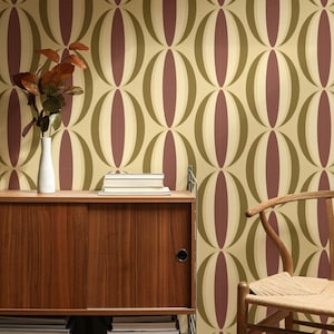 Carta da parati retrò - Occhio ovale geometrico Mid Modern - Marrone - Verde oliva - Bianco sporco - Carta da parati rimovibile staccabile, Mid Century Modern