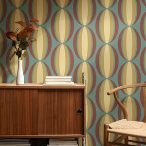 Carta da parati retrò - Oval Eye Geometric Mid Modern - Verde oliva, marrone, blu turchese - Carta da parati rimovibile Peel Stick, Mid Century Modern