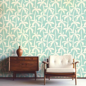 Retro Palm Tree Wallpaper | Mid Century Modern, Light Blue (Peel and Stick)