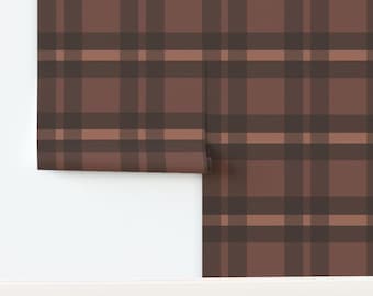 Mocha Plaid Removable Wallpaper, Dark Cabin Decor
