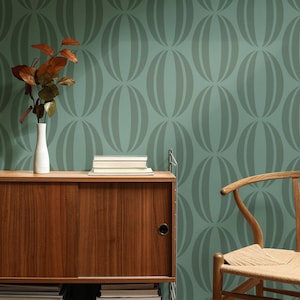 Carta da parati retrò - Occhio ovale geometrico Mid Modern - Blu verde acqua bicolore - Carta da parati rimovibile staccabile, Mid Century Modern