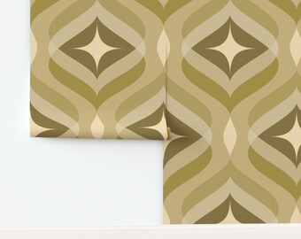 Retro Teardrop Geometric Wallpaper, Olive Green, Removable Peel & Stick