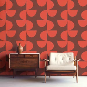 Carta da parati moderna Mid Century Retro geometrica semicerchi, arancione e marrone, carta da parati Mid Mod stacca e attacca, vintage, su larga scala