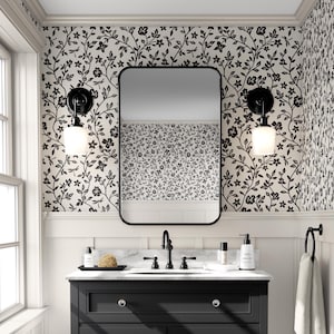 Black on Cream-White Dainty Flower Vines and Dragonflies Wallpaper, Peel Stick Removable, Bathroom Wallpaper, Bold Nursery Wallpaper