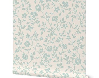 Hand Drawn Victorian Cottage Dragonfly Floral Wallpaper, Kids Wallpaper, Peel Stick Removable, Nursery Wallpaper, Light Blue and Ivory