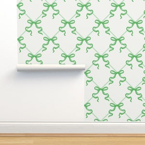 Preppy green coquette bows on lattice background, Grandmillenial, Peel Stick Removable Wallpaper, Kids Wallpaper, girl bedroom decor