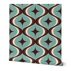 Papel pintado retro vintage de los años 70 con estrellas y líneas onduladas en tonos marrón, azul y marfil, autoadhesivo y removible, preencolado.