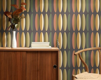 Papel pintado geométrico vintage de rayas ovaladas: cálido multicolor, verde, azul, amarillo y crema - Desmontable