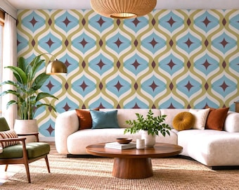 May include: Wallpaper featuring a repeating geometric pattern of interlocking ogee shapes in light blue, olive green, and dark brown. The design consists of vertical wavy lines and diamond-shaped accents, creating a continuous, symmetrical, and colorful wall covering for interior spaces.