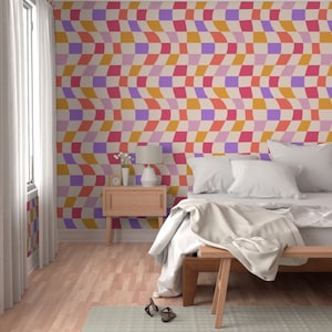 Warped Psychedelic Checkered Multi-Colored Wallpaper, Peel Stick Removable Wallpaper, Prepasted Wallpaper, Temporary Wall Cover