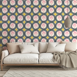 Carta da parati con palme, cerchi geometrici / Retro tropicale, stile moderno di metà secolo / Bicolore / Rosa, giallo, blu navy / Rimovibile staccando e attaccando