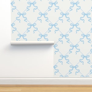 Baby Blue Coquette Bows on lattice background, Grandmillenial, Peel Stick Removable Wallpaper, Kids Wallpaper, girl bedroom decor