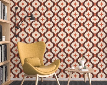 Papel pintado retro de estrellas de los años 70, líneas onduladas marrones y anaranjadas, autoadhesivo.