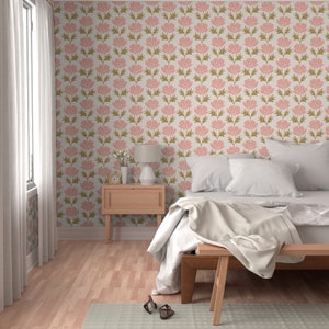 Pink Floral Peel and Stick Wallpaper, Hand Drawn Botanical Cottagecore Accent Wall
