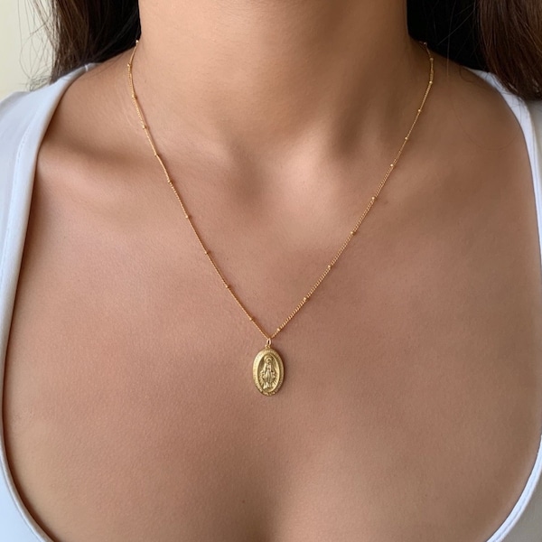 Virgin Mary Necklace, Miraculous Pendant Necklace, Mary Necklace, Gold Filled Necklace, Gift for Her, Medallion Necklace, Religious Necklace