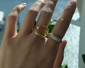 Gold Geometric Ring, Gold Dripping Dome Ring, Gold Stacking Ring, Gold Adjustable Chain Ring, Curb Chain Ring, Statement Ring, Everyday Ring