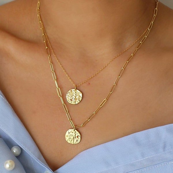 Zodiac Sign Necklace, Zodiac Coin Necklace, Gold Paperclip Chain Necklace, Constellation Necklace, Horoscope Necklace, Astrology Necklace