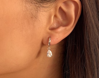 Pendientes solitarios de lágrima, pendientes de gota colgantes CZ de plata de ley, pendientes de dama de honor, pendientes de boda, pendientes de oro con diamantes de talla pera