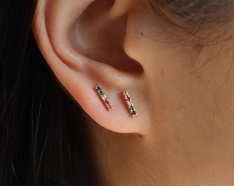 Bar Stud Earrings, Color Diamond Earrings, Diamond Stud Earrings, Rainbow Earrings, Dainty Earrings, Color CZ Earrings, Minimalist Jewelry