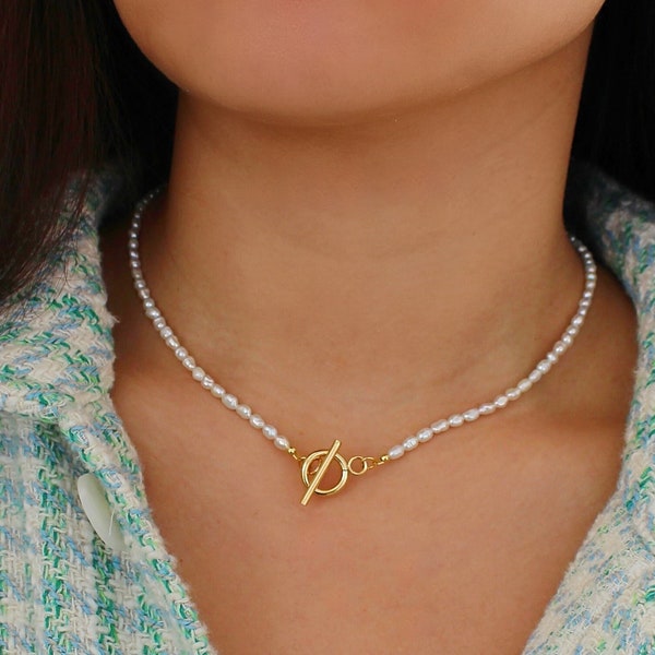 Collier ras de cou à bascule fines perles, collier à bascule Gold Filled, collier de perles, collier réversible de perles de 2-3 mm, collier à bascule