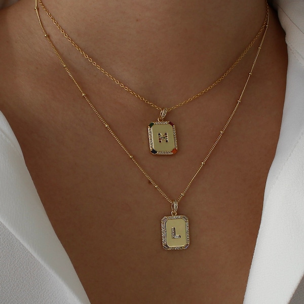 Gold Initial Necklace, Gold Letter Necklace, Medallion Letter Necklace, Gold CZ Tag Necklace, Square Block Letter Necklace, UNISEX Necklace