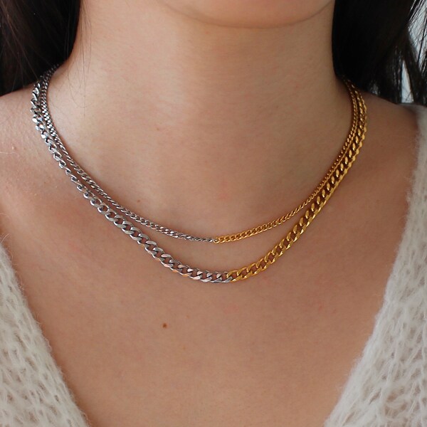 Duo Tone Choker Necklace, Mixed Medals Chain Necklace, Gold And Silver Necklace, Two Tone Cuban Chain Necklace, Unique Statement Necklace