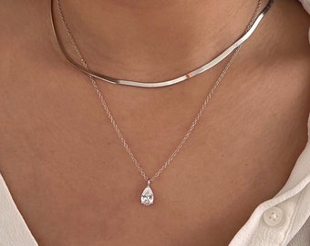 Sterling Silver Solitaire Necklace, Teardrop Necklace, Pear Diamond Necklace, Gift for Her, Wedding Necklace, Minimalist Dainty Necklace
